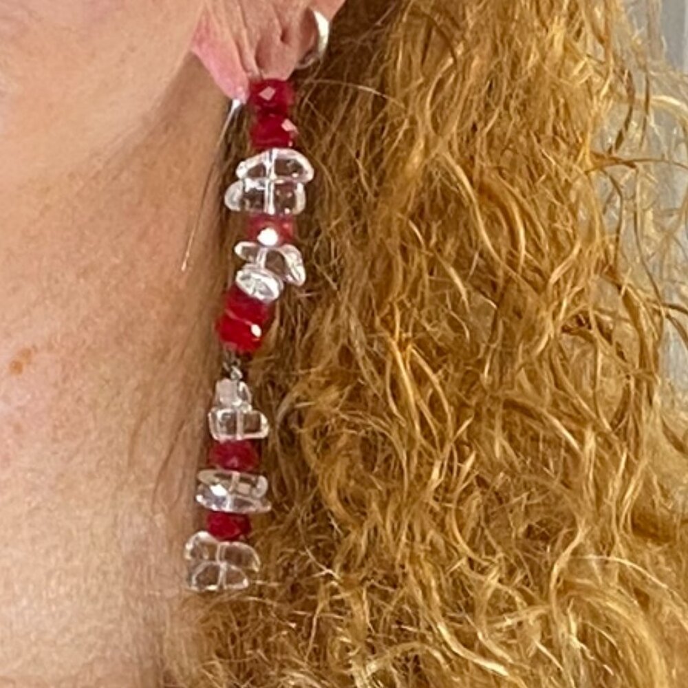 Silver Red and Clear Stone Long Dangle Earrings Jewelry